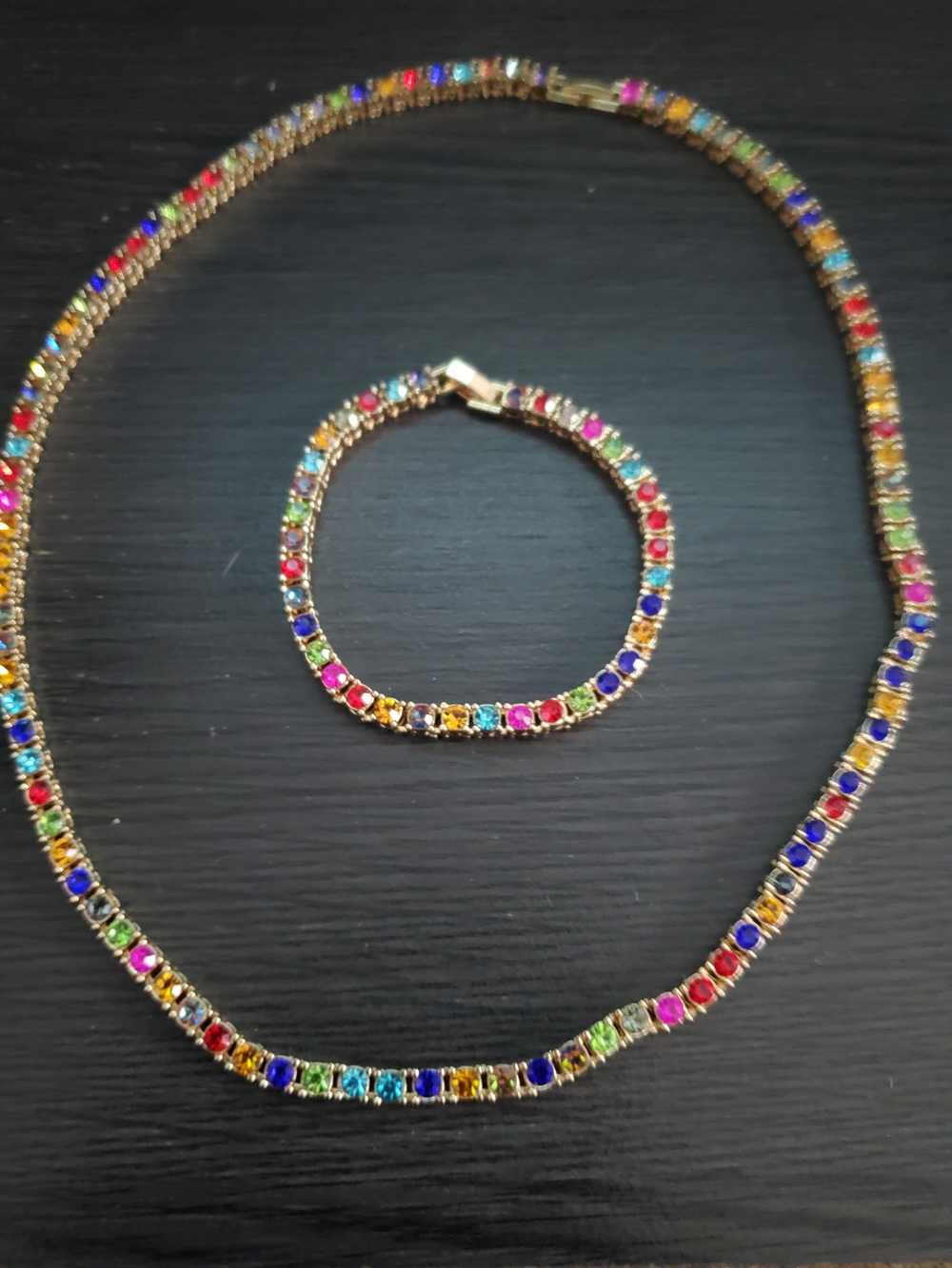 Gold Over Stainless Multicolor Tennis Necklace & Bracelet Set - Women Jewelry